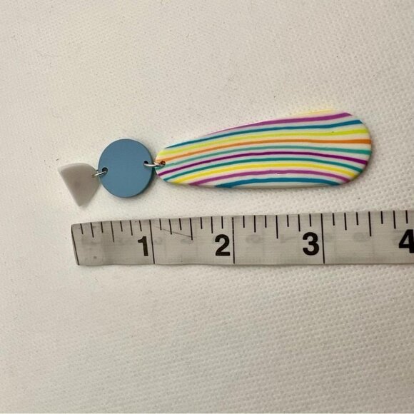 Boho Style Lightweight White Blue Soft Clay Statement Drop Earrings Stripes - Picture 10 of 12